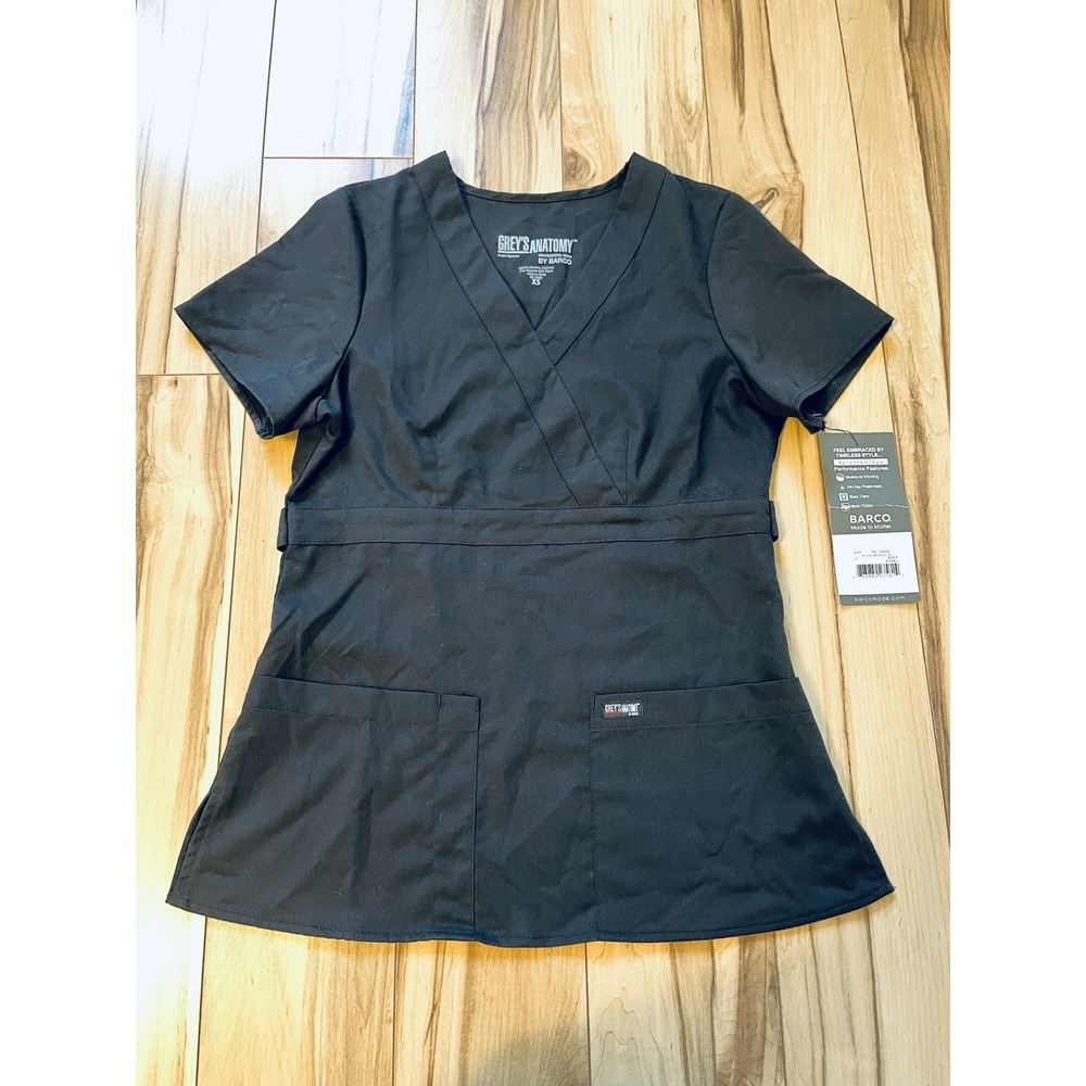 Greys Anatomy Women's 3-Pocket Modern Fit Mock Wrap Scrub Top NWT Black Sz XS